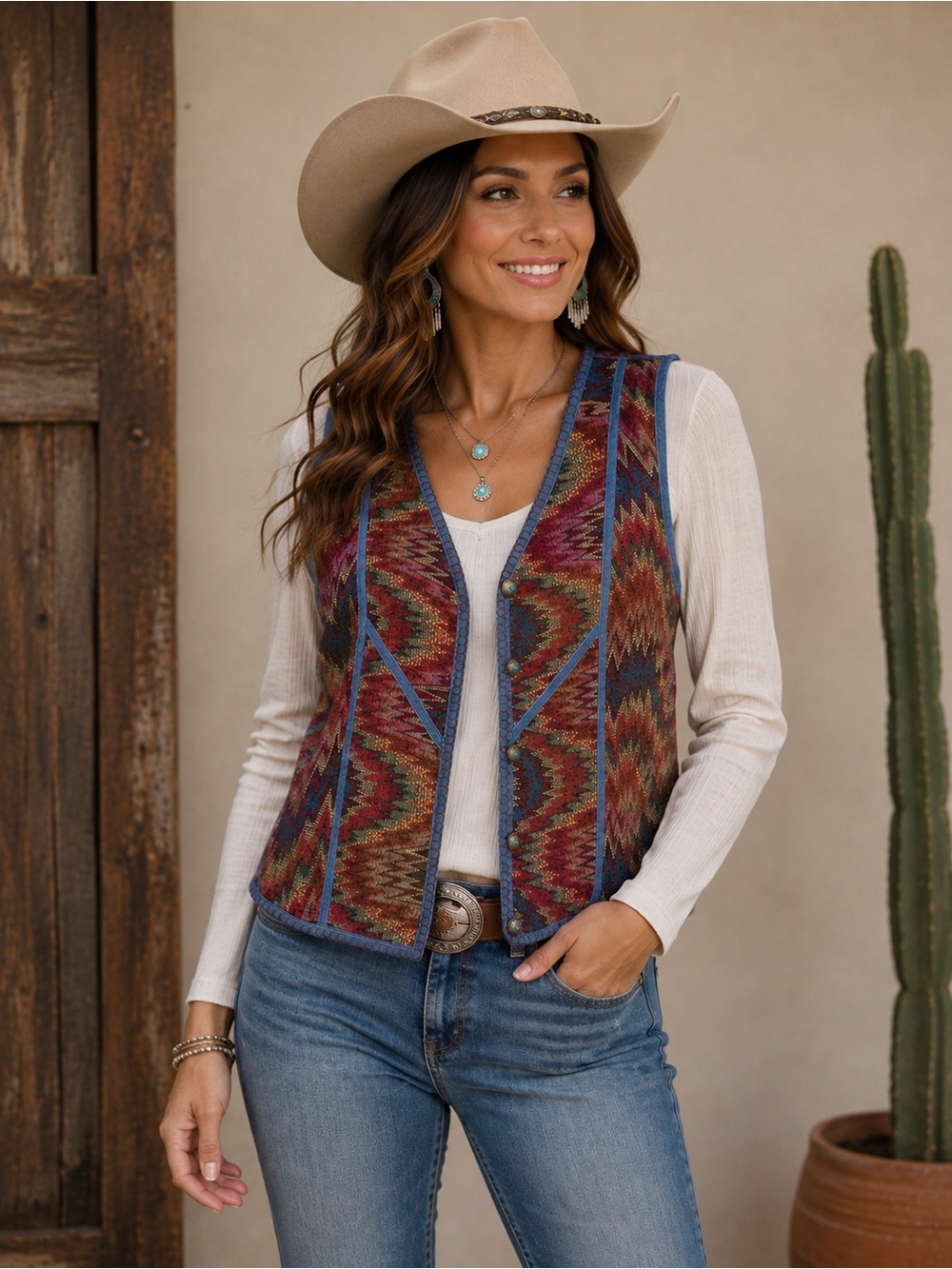 Vintage City Blues by Koret Southwestern Tapestry Denim Vest L Western Boho